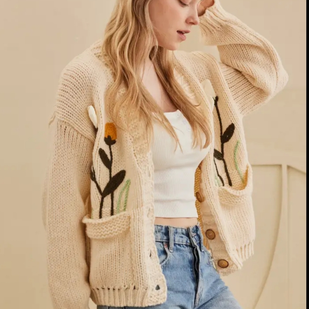 Cream Floral Knit Cardigan Sweater